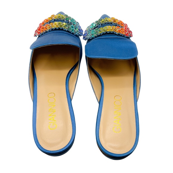 GIANNICO BLUE CRYSTAL EMBELLISHED SATIN MULES - Picture 6 of 9